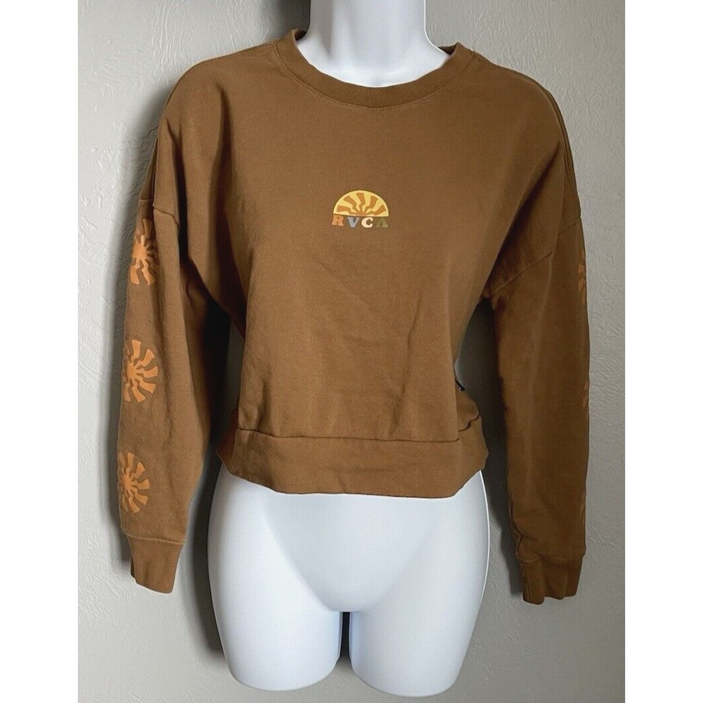 RVCA Womens XS Brown Crew Neck Cropped Long Sleeve Sweater Shirt Graphic‎ Print